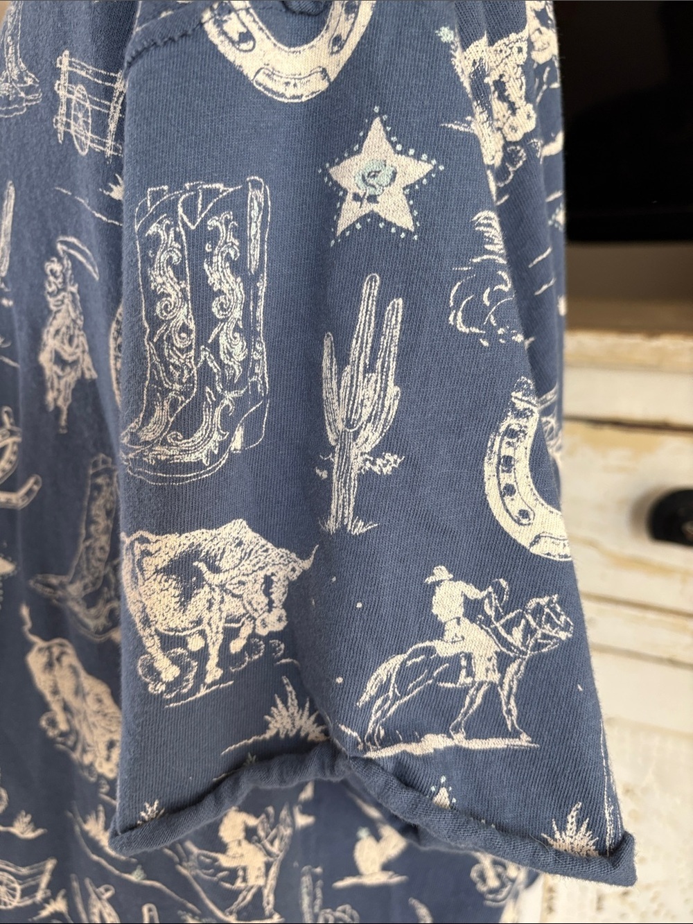 Free People blue painted graphic tshirt western theme drop shoulder horseshoe - Picture 7 of 16
